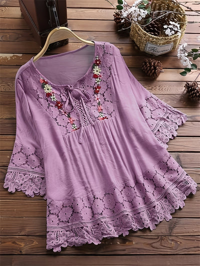 Chic V-Neck Blouse with Elegant Lace Patchwork