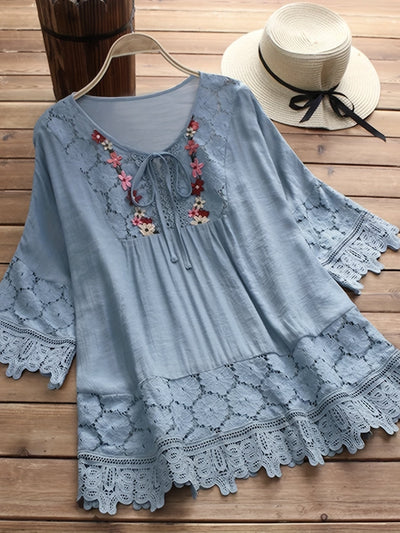 Chic V-Neck Blouse with Elegant Lace Patchwork