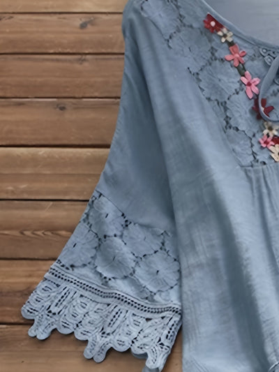 Chic V-Neck Blouse with Elegant Lace Patchwork