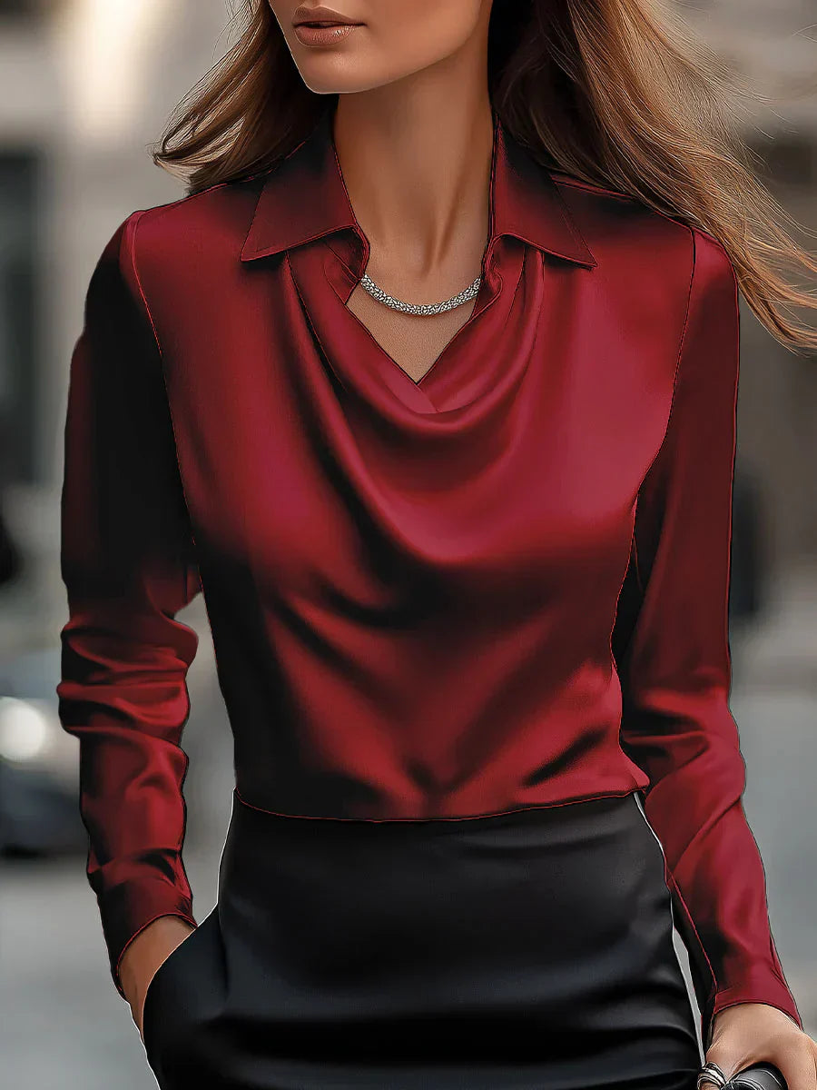 Chic Satin Blouse Featuring a Draped Neckline