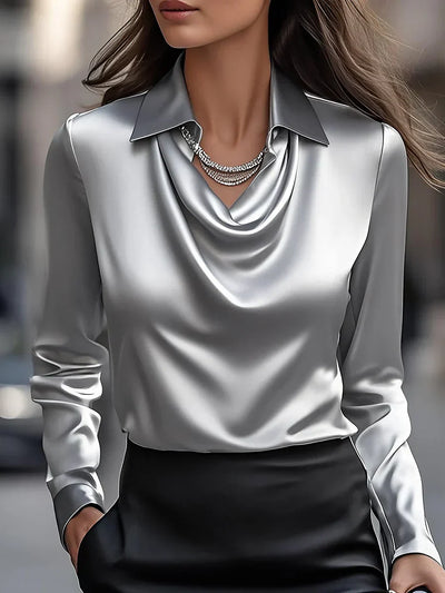 Chic Satin Blouse Featuring a Draped Neckline