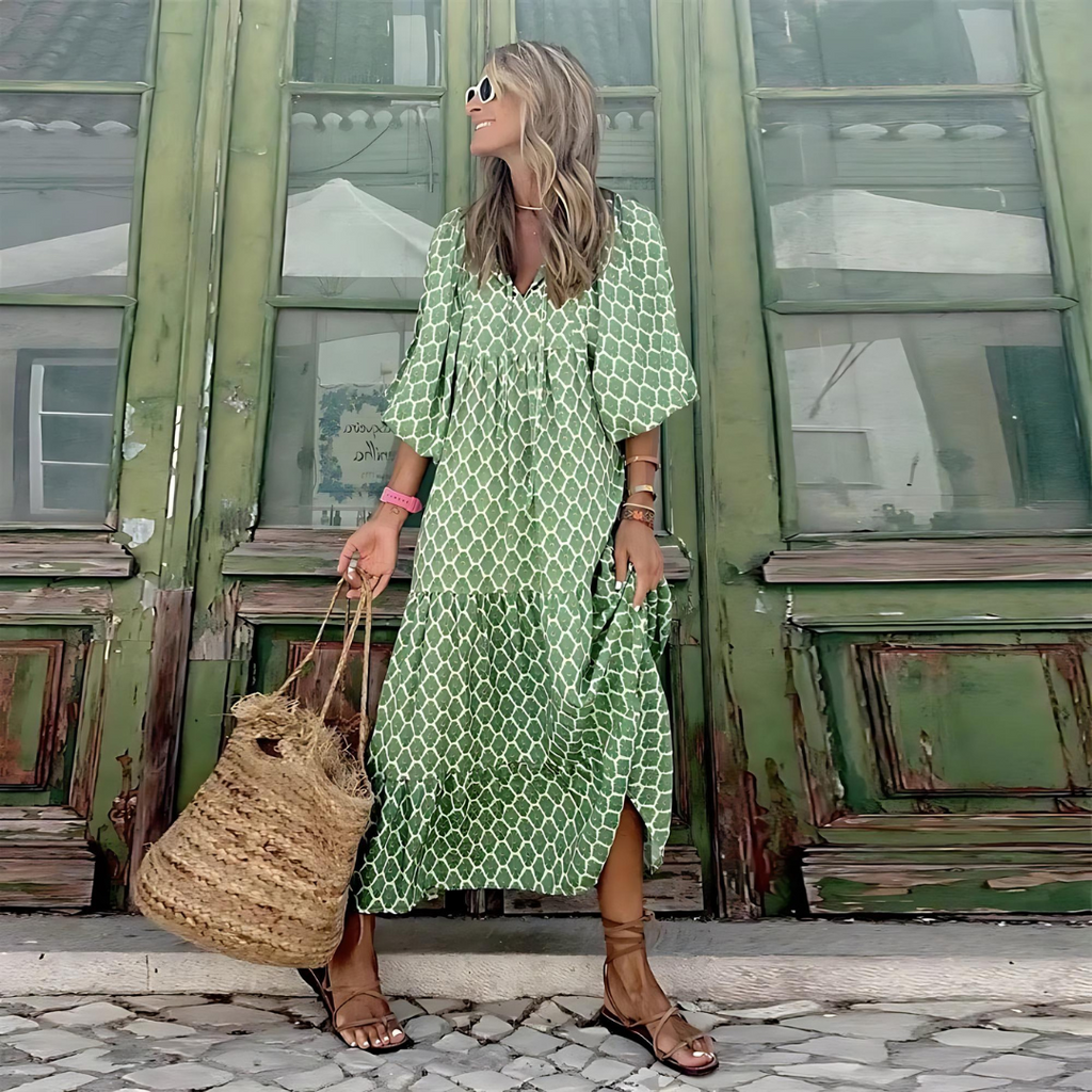 Dulcie | Flowing High-Low Geometric Print Dress
