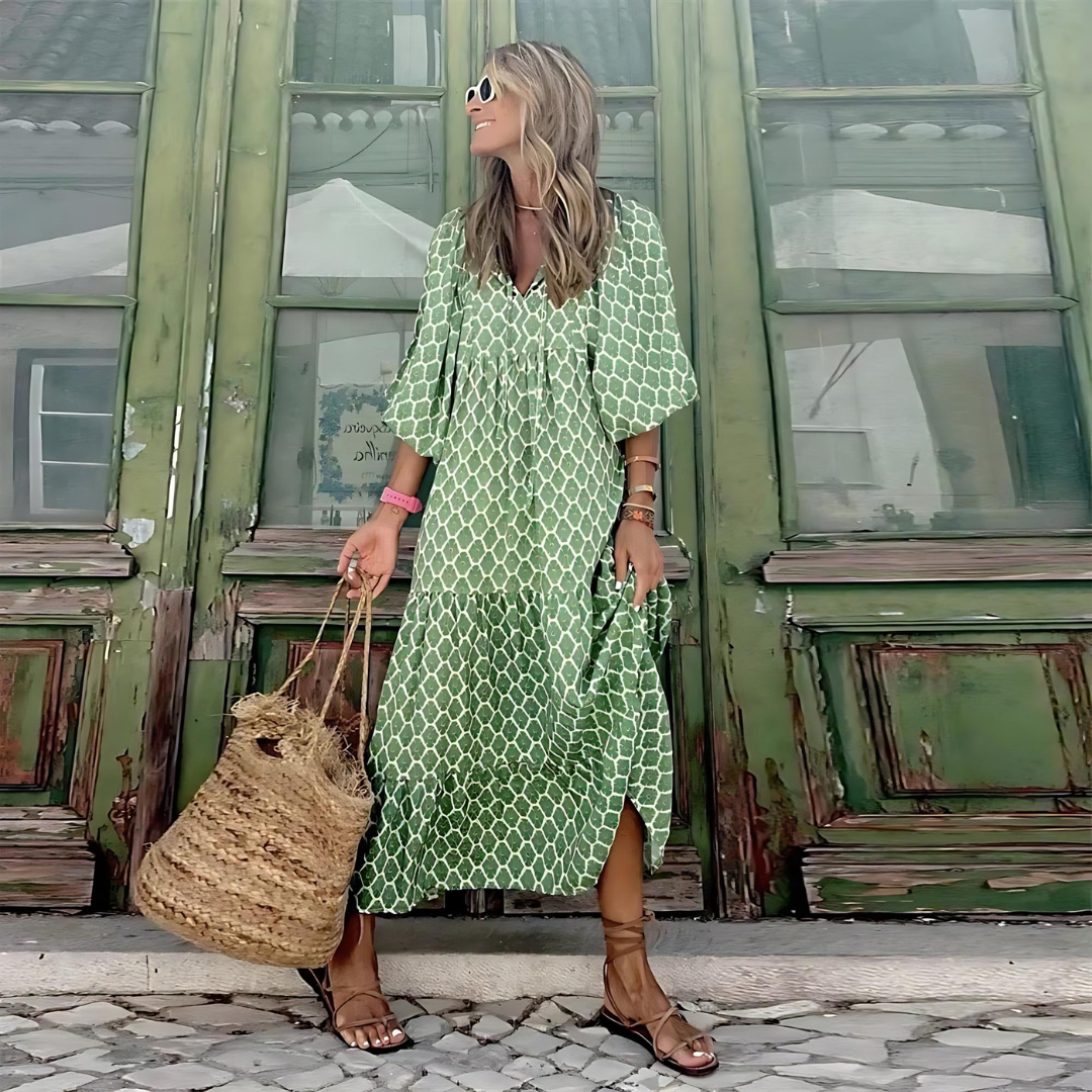 Dulcie | Flowing High-Low Geometric Print Dress
