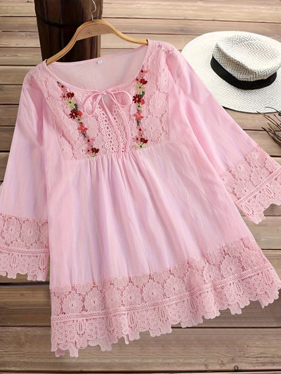 Chic V-Neck Blouse with Elegant Lace Patchwork